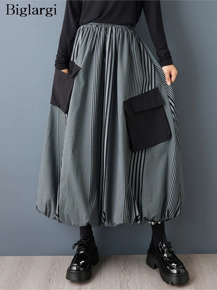 

Oversized Striped Print Skirt Women High Waist Irregular Ladies Skirts Casual Loose Pleated Woman Skirt
