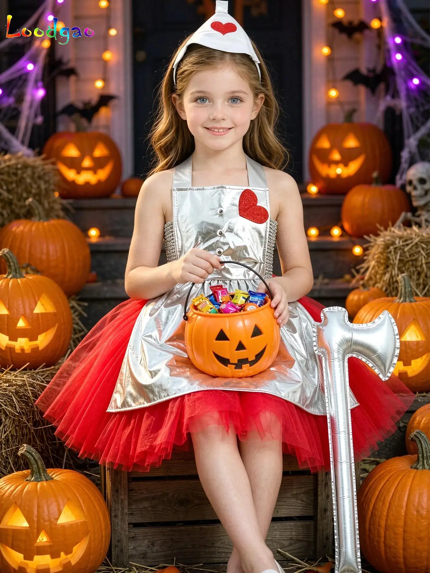 Kids Girls Halloween Tin Costume Sleeveless Hollow Out Bodice Tulle Dress with Apron Headwear Axe Carnival Theme Party Drss Up