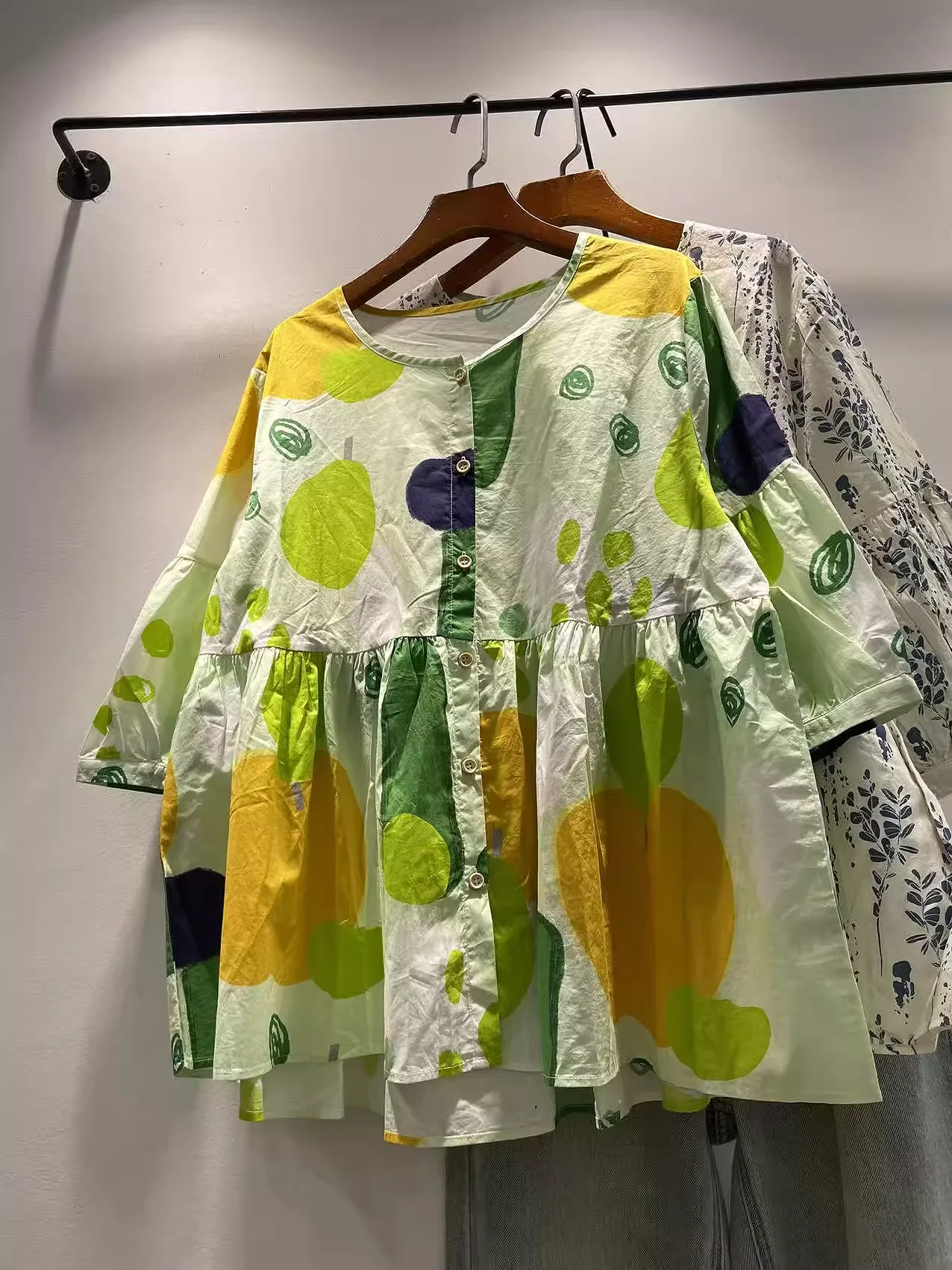 

Bust 112cm designer woman clothing pure cotton green geometric shirts and blouses harajuku fashion Hawaii beach tops