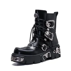 Botas de motocicleta de couro genuíno para homens e mulheres, caveira, gótica, punk, vaqueiro, sapatos de trabalho, decoração metálica