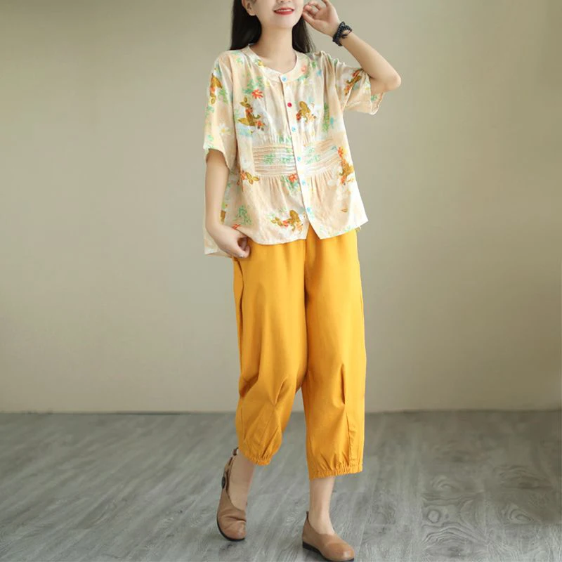 

Summer 2026 Fashion Korean Large Size Artistic Print Short Sleeve Lantern Pants Cotton Linen Set Women's Trendy Two-Piece Suit
