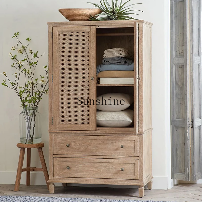 

American rural solid wood rattan wardrobe retro old simple door storage