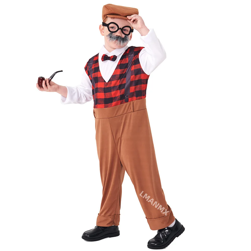 Old Timer Child Old Man Grandpa Costume Kit for Boys Kids Child Long Sleeve 2-4T 4-6Y 6-8Y 8-10Y