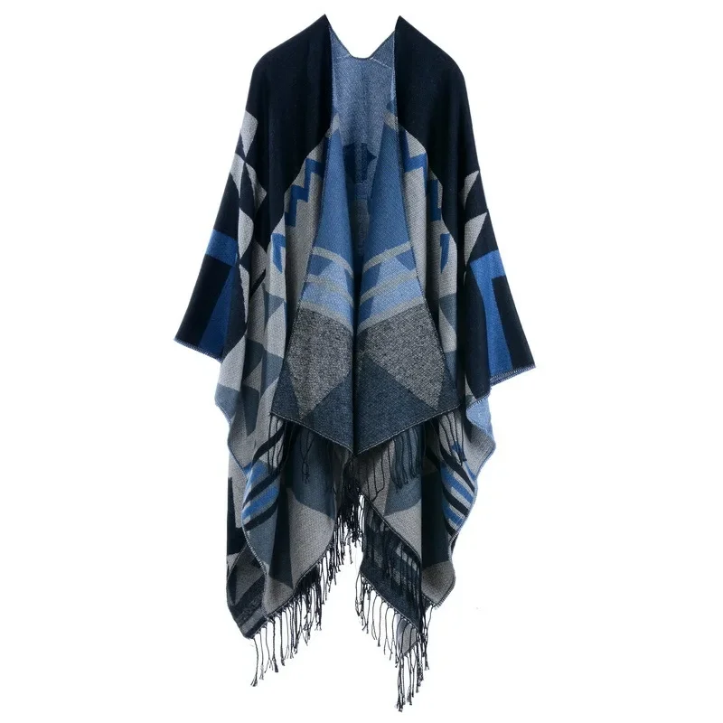 

Poncho Bohemian Geometric Tassel Split Shawl Cape Travel Scarf Double-sided Cloak Imitation Cashmere Women Coat Navy