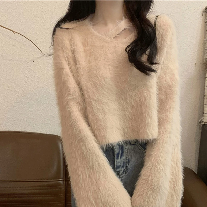 Women Imitation Mink Cashmere Sweater Korean Chic Casual All Match Loose Solid Knit Pullover Female Autumn Winter Warm Jumpers