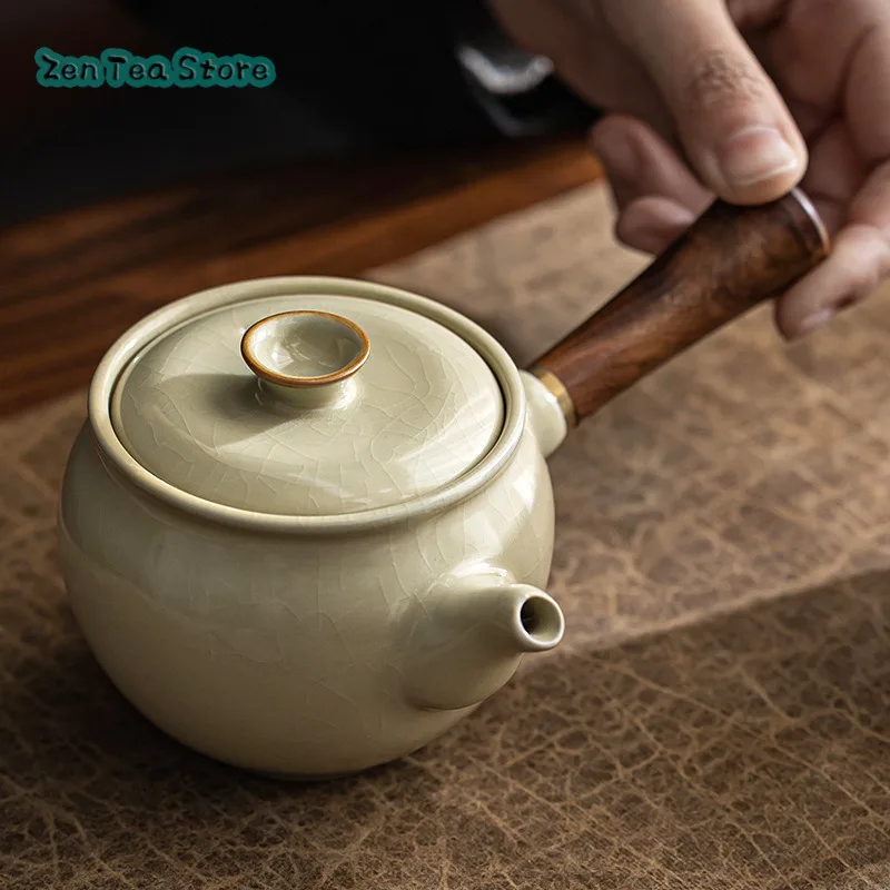 Mihuang Ru Kiln Anti-ironing Wood Handle Side Teapot Ceramic Home Retro Open Piece Can Be Raised Kung Fu Tea Single Pot Tea Set