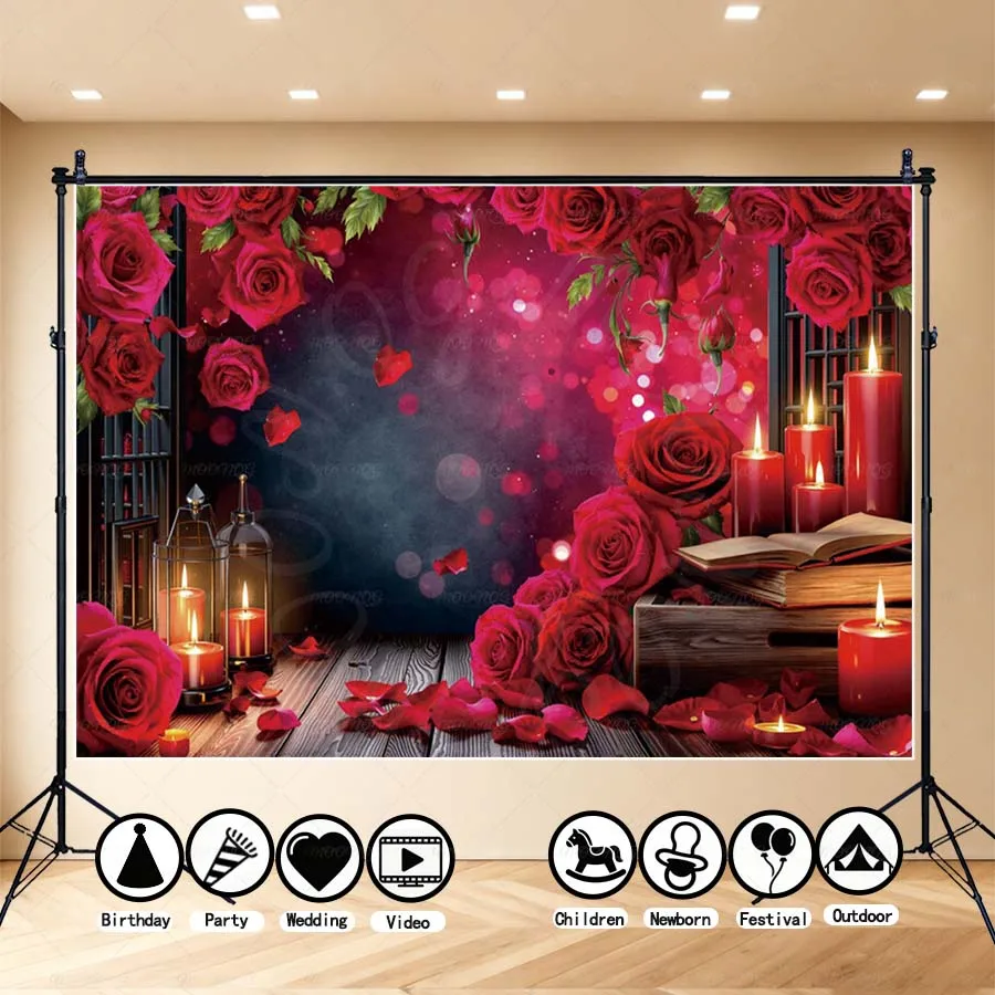 

MOON.QG Valentine's Day Red Rose Candle Photography Backdrop Vintage Book With Bokeh Light Background For Home Party Decoration