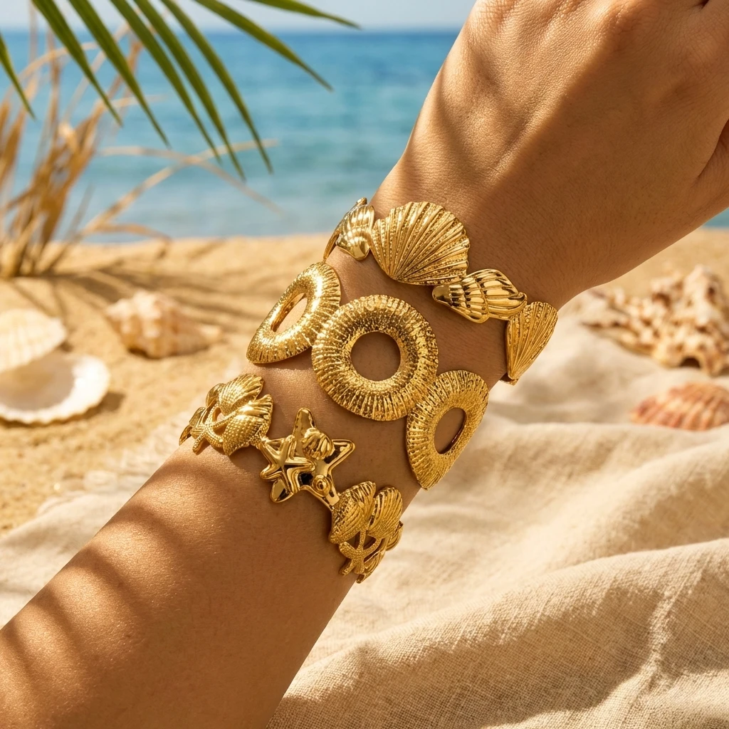 Strukturiertes Muschel-Seestern-Armband aus Edelstahl für Damen, Boho Geometrischer Ausschnitt-Manschettenarmreif, Resort-Urlaubsschmuck – Detail 3