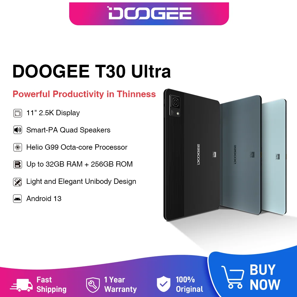 

Планшет DOOGEE T30 Ultra Pad, экран 11 дюймов, 2,5 K, Восьмиядерный процессор Helio G99, 7,6 мм, 12 Гб + 256 ГБ, Android 13, четыре динамика