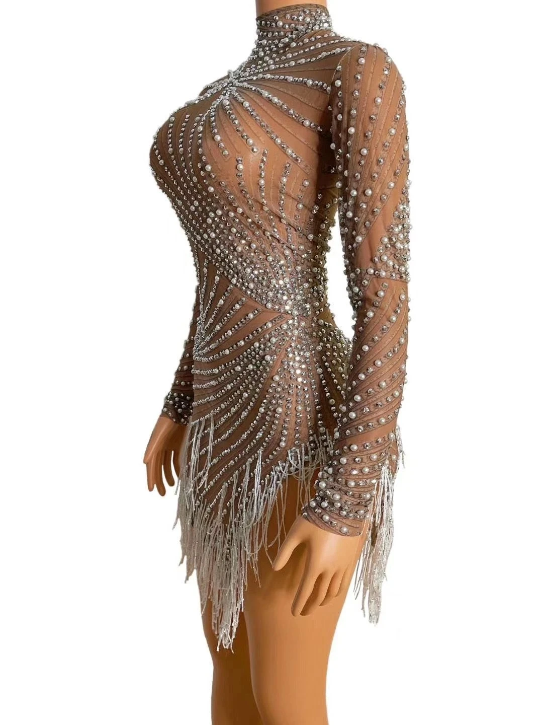 Vestido de malla con perlas y diamantes de imitación para mujer, traje transparente para fiesta de baile