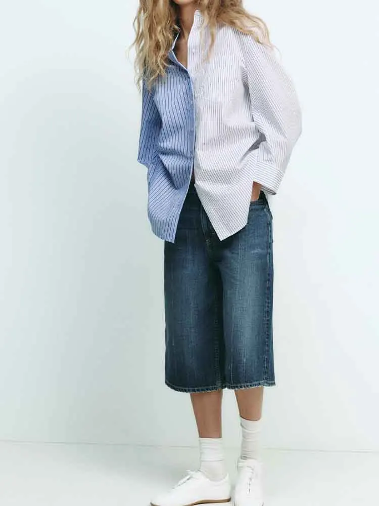 

European style new products Women's fashion versatile temperament Splicing striped poplin loose lapel shirt