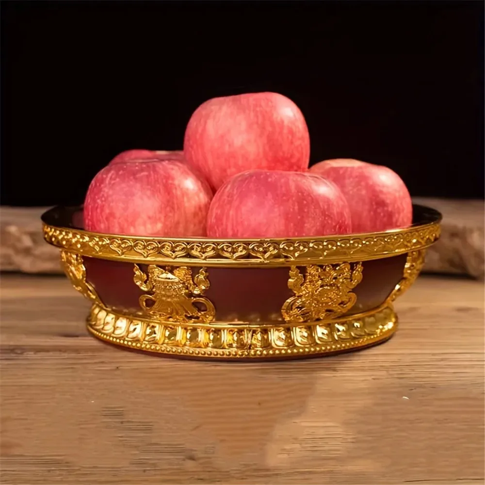 

Zinc Alloy Tribute Buddhist Fruit Plate Gold Auspicious Luster Tibetan Plate Engraving Buddha Fruit Saucer Home Gift Decorative