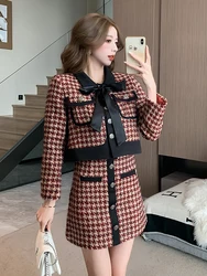 Small Fragrant Plaid Tweed Two Piece Set Women Bow Woolen Single-Breasted Short Jacket Coat + Hight Waist Mini Skirt Office Suit