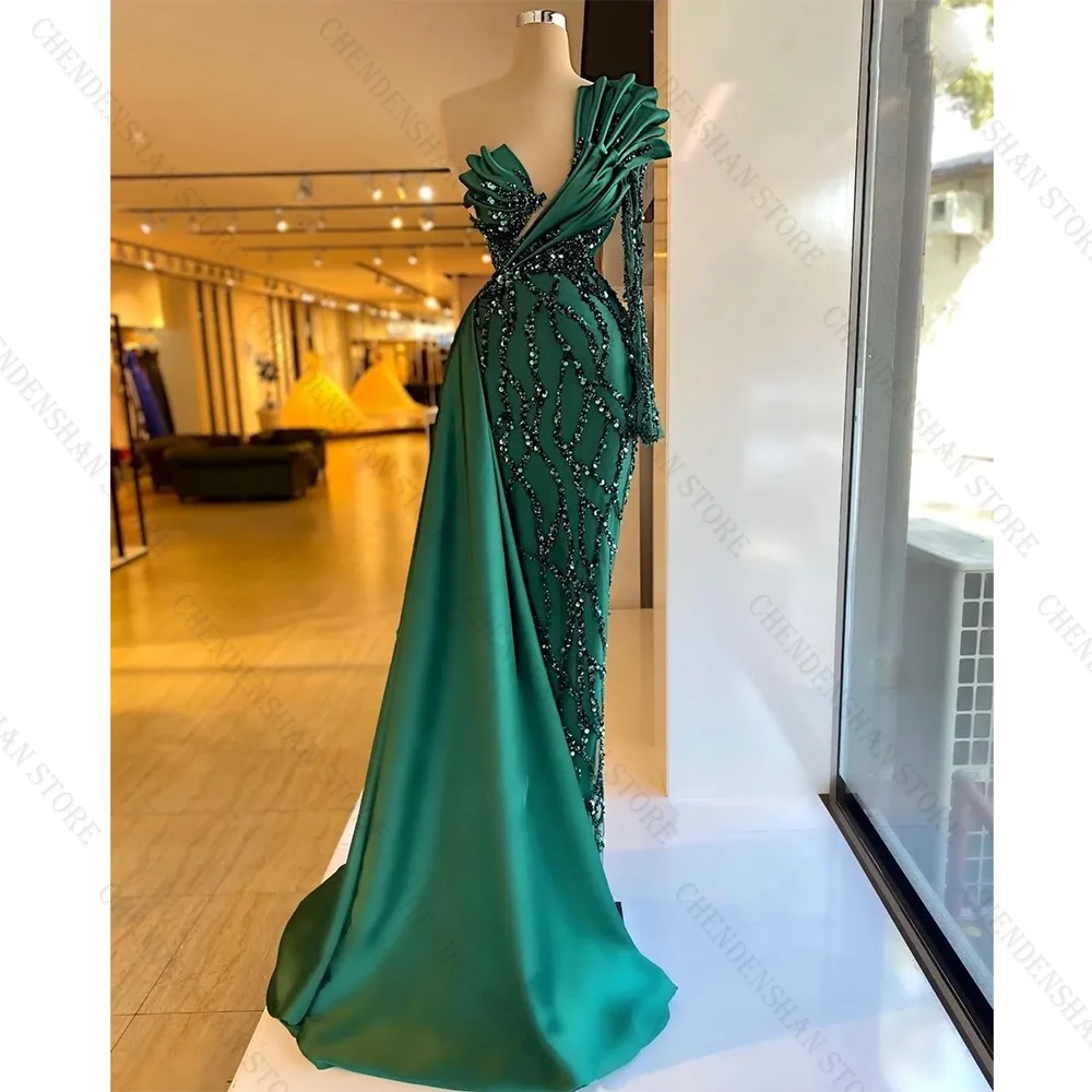 

Emerald Green Mermaid Evening Dress One Shoulder Sequins Party Dresses Ruffles Glitter Celebrity Customized Prom Gowns