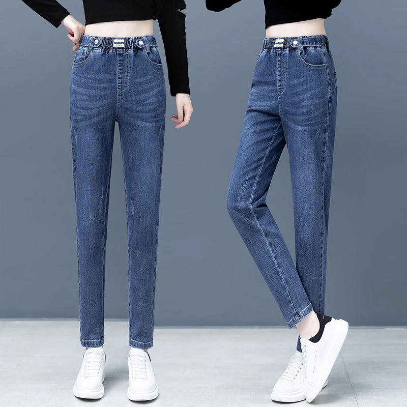 

Women's Thin Straight Leg Casual Jeans Material High Waist Harlan Pants Long Trousers Deep Color Cotton Elastic Denim ...