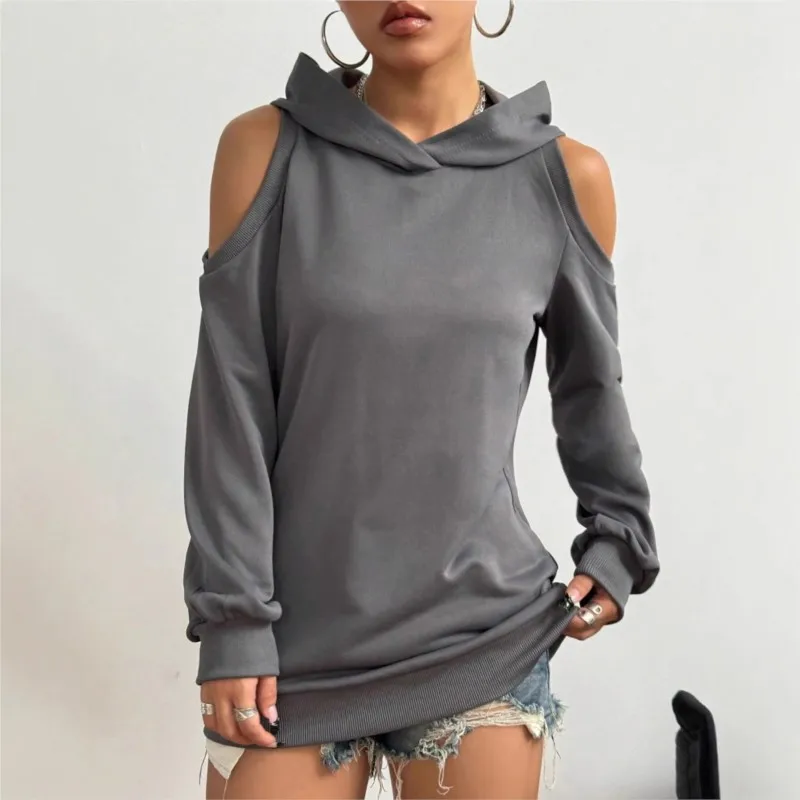 Casual Sweatshirt Women's Elegant New Autumn And Winter Solid Color Off-shoulder Hooded Women Fashion Sweatshirt Streetwear