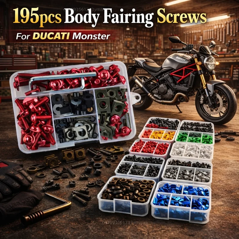 195 Stück Motorrad-Verkleidungsschrauben, Karosserieschrauben, Muttern für DUCATI Monster 796 Hypermotard Monster 696 695 2015, Kit aus Aluminium, CNC-Clips