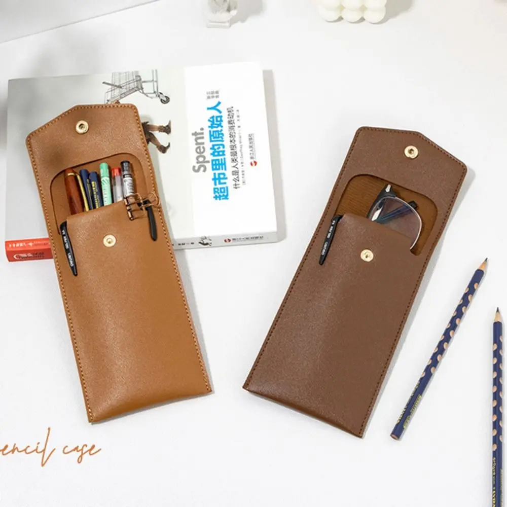 Vintage Snap Button PU Leather Pen Case Pocket Pen Pouch Mini Stationery Organizer Bag For Students Office Women Men Business