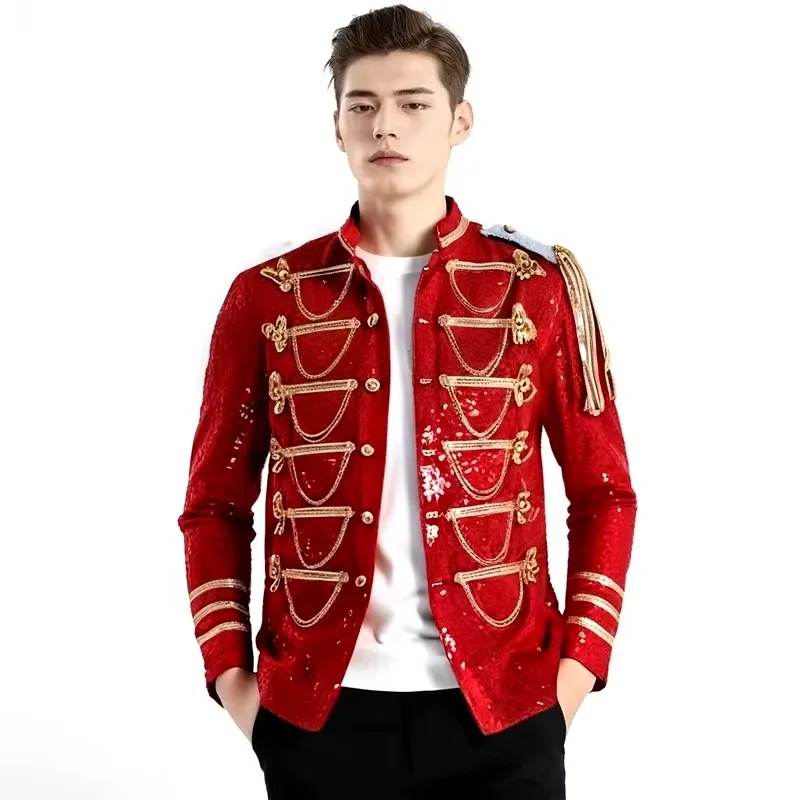 ผู้ชาย Party Prom Tuxedo เสื้อสูทนักร้องบาร์คอนเสิร์ตแสดงเวทีเครื่องแต่งกายสีดําเลื่อมเงินโซ่โลหะ Blazer Jacket