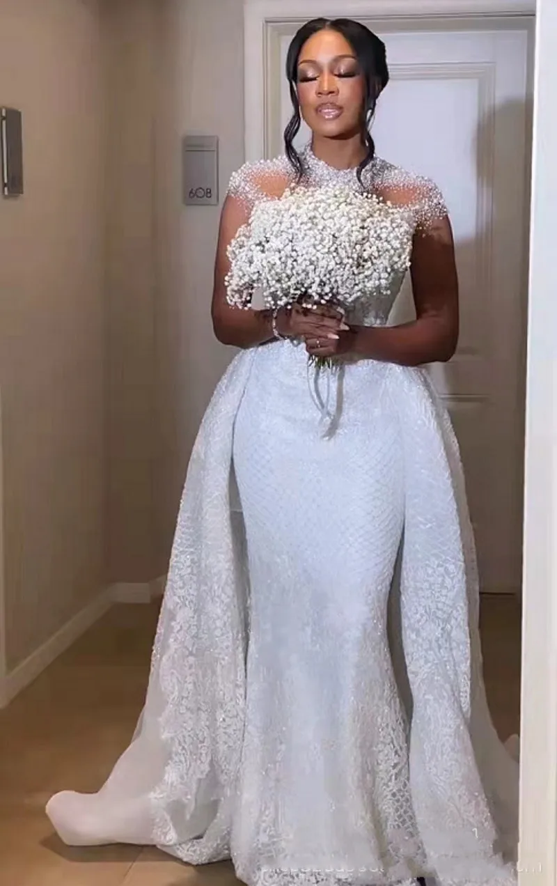 2024 Elegante Zeemeermin Trouwjurk Vrouwen Hoge Hals Kanten Parels Bruidsjurk Afneembare Trein Afrikaanse Vestidos De Novia