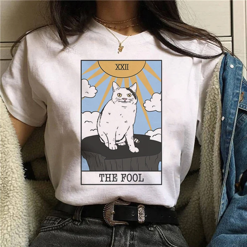 T-shirt manches courtes col rond femme, estival et mignon, à la mode, Kawaii Cat Tarot