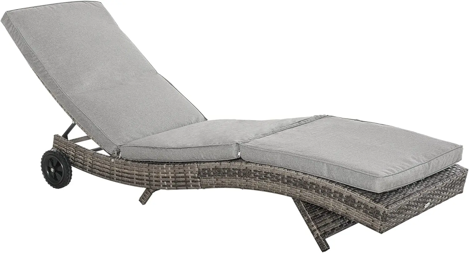 

Wicker Chaise Lounge Pool Chair, Outdoor PE Rattan Cushioned Patio Sun Lounger w/ 5-Level Adjustable Backrest & Wheels