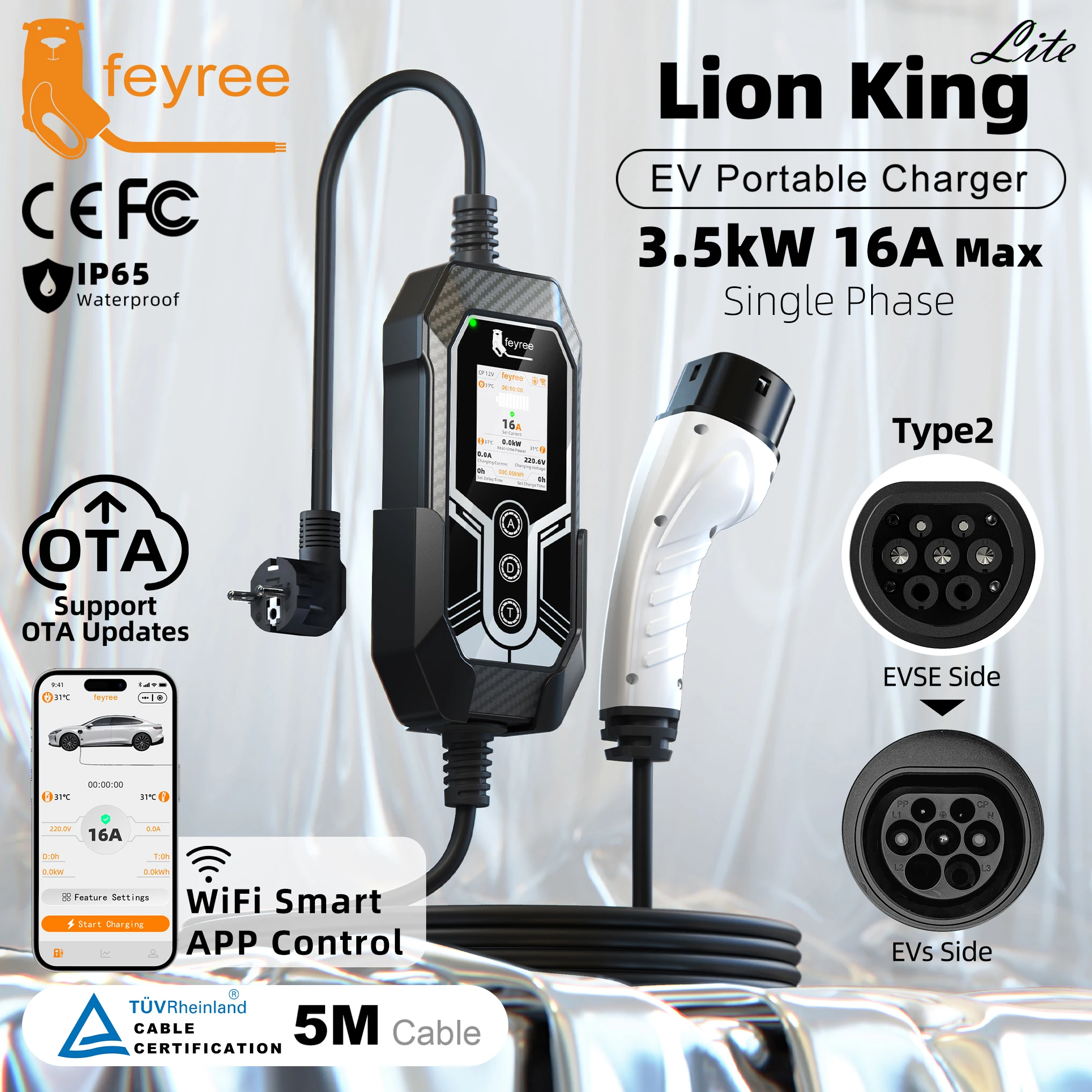 feyree 3.5kW Type 2 EV Charger High Security Smart Temperature Control with Remote APP OTA Upgrade and Real-time Charging Log
