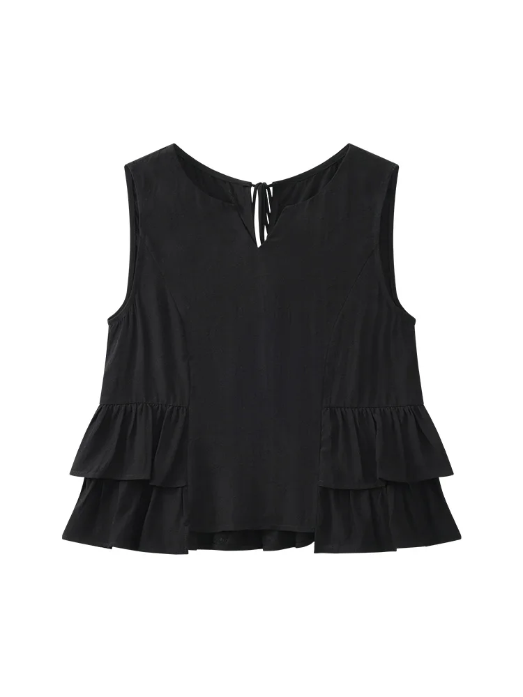 Sweet Black Ruffle Sleeveless Blouse Lightweight V Neck Summer Top Women Korean Style Short Slim Fit Shirt Daily Vacation Wear