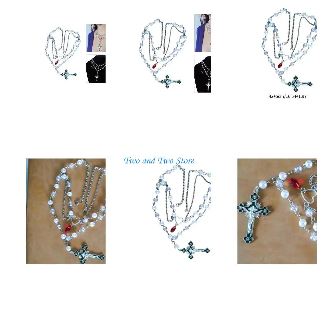 

HX6F Victorian Gothic Cross-shape Rosary Necklace With Chain Charm Handmade Necklace