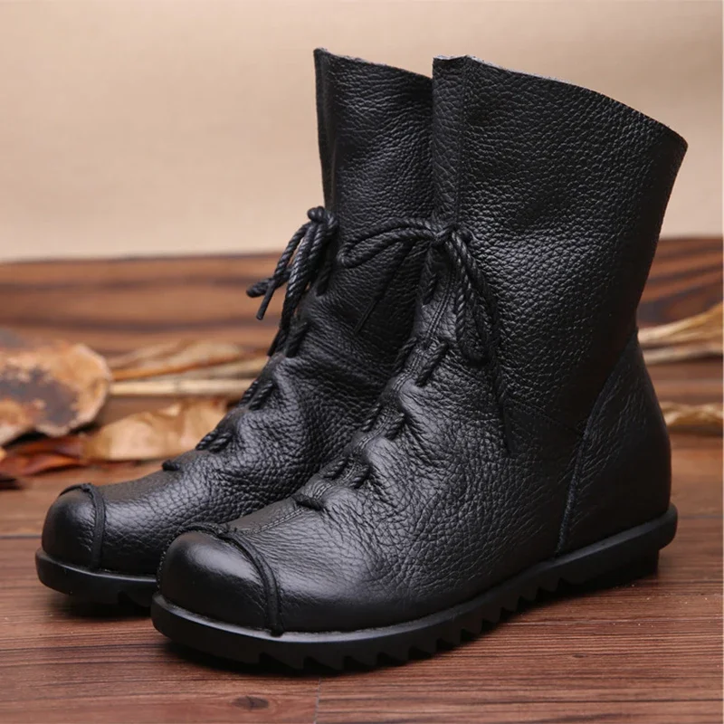 2024 Vintage Style Winter Genuine Leather Women Boots Warm Fur Booties Soft Cowhide Women's Shoes Side Zip Ankle Boots