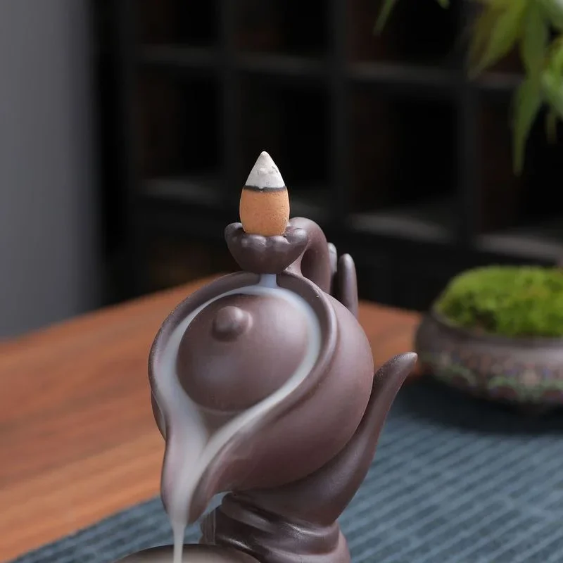 Buddha Hand and Teapot Backflow Incense Burner Home Interior Figurines Crafts Meditation Room Decorative Incense Burner Holder