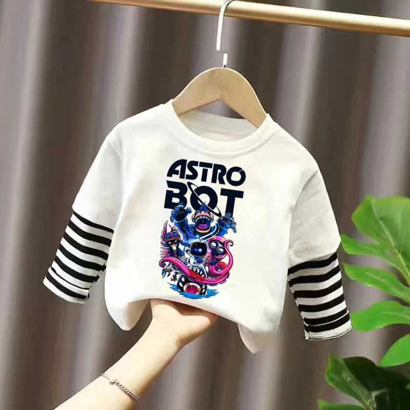 Astro Bot-T-shirt à manches longues et col rond pour garçons, chemises de dessin animé, vêtements de mode, anime mignon, hip hop, Kawaii, jeu, Y