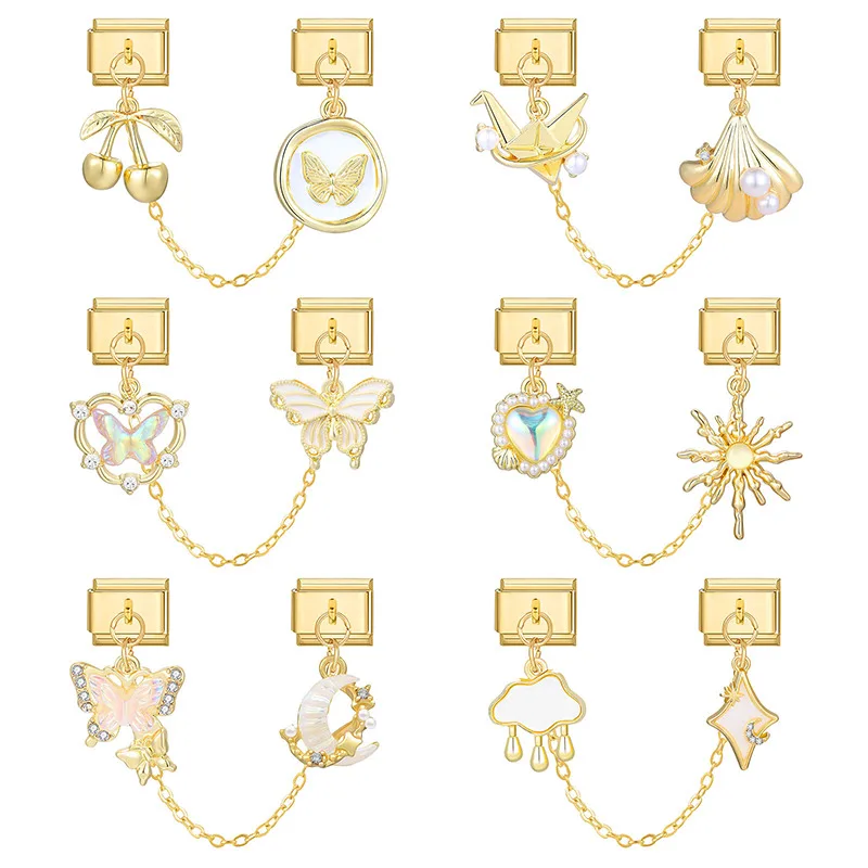 Retro Butterfly Cherry Moon Cloud Gold Color Chain Tassel Italian Charm Link Fit 9MM Stainless Steel Bracelet Women DIY Making