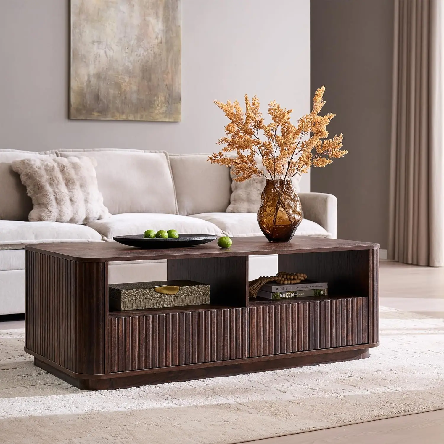 

51" Fluted Coffee Table with Storage 2 Drawers Modern Rectangle Wood Living Room Dark Walnut, Customized