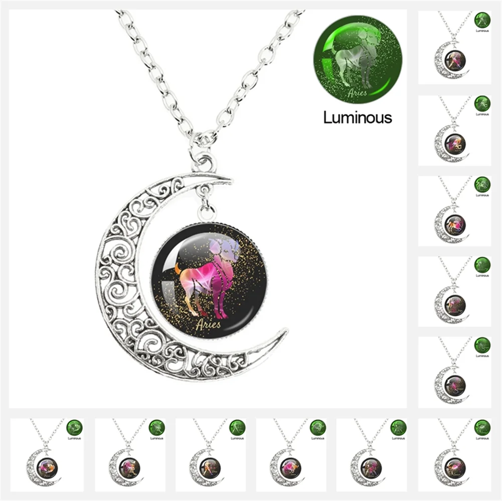 Luminous 12 Constellations Zodiac Signs Necklaces Crescent Moon Pendant Chains NecklaceFor Women And Men Birthday Jewelry Gifts