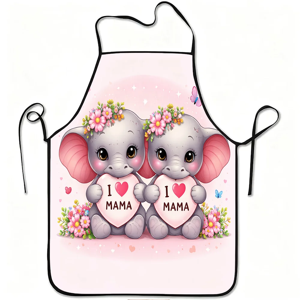 1pc of an Adorable Elephant-Themed Apron Featuring a Heart And Floral Design, Made from Durable And Easy-To-Clean Polyester. It