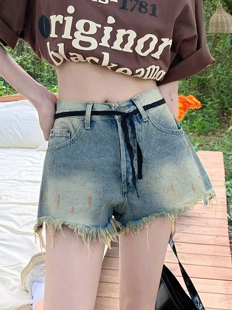 

HOUZHOU Y2K Ripped Denim Mini Shorts Women Korean Streetwear High Waist Summer Short Jeans Femininos Sexy Casual Distressed