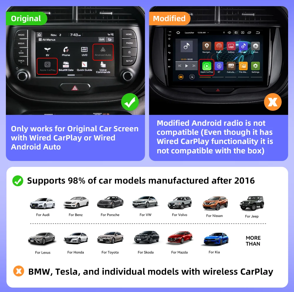 CarAIBOX 2IN1 Wired to Wireless CarPlay Android Auto Adapter Plug and Play 5.0Ghz WiFi BT Auto Connect For Wired AA CP Cars