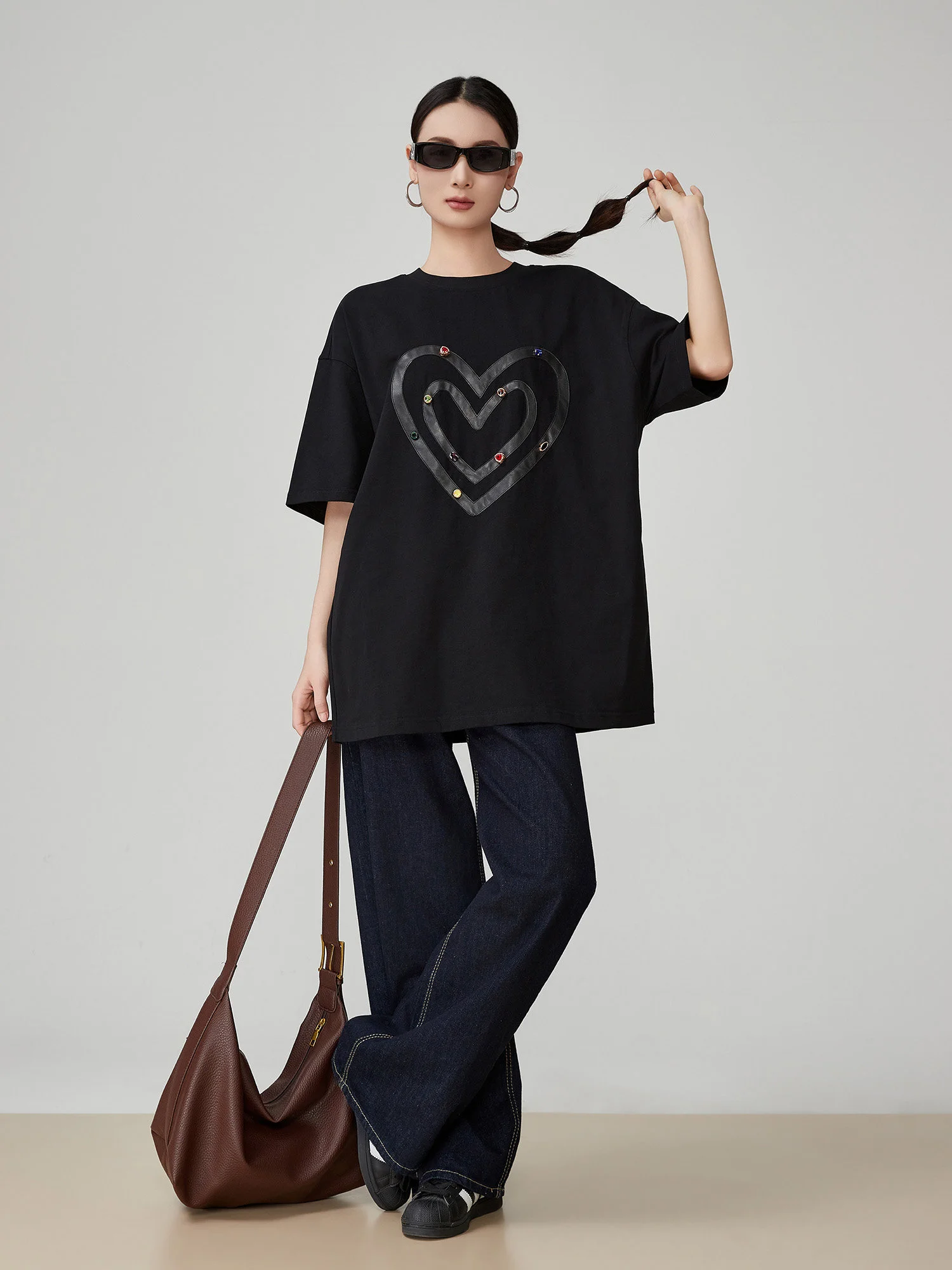 

Женская футболка Bla Heart из искусственной кожи с лоскутным узором, свободного кроя, с круглым вырезом, повседневная, весна-лето, новинка