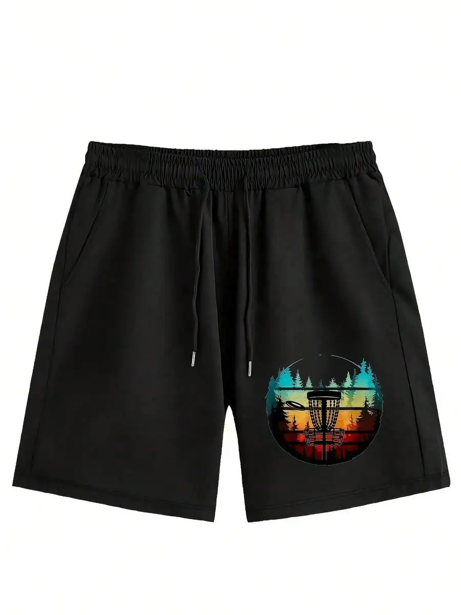 

Mens Black Disc Golf Shorts With Printed Course Design Athletic Casual Wear