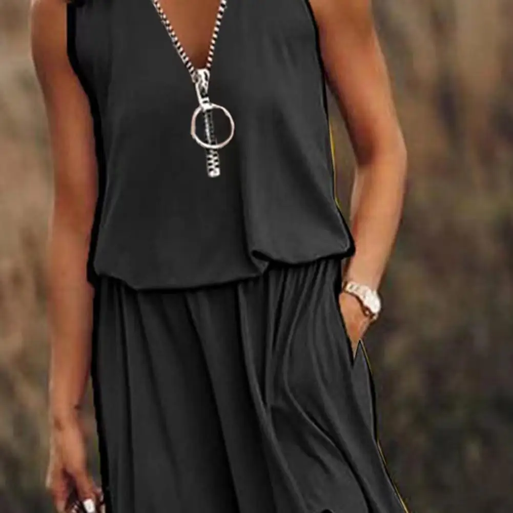 فستان نسائي صيفي طويل بدون أكمام كاجوال بسحاب أمامي ورقبة على شكل V فستان ماكسي مع جيب مطوي سبليت بوهو ميدي فستان فيستدو