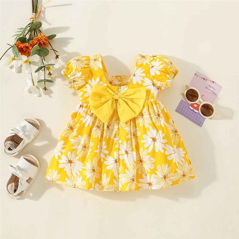 Summer Baby Girl Dress Fresh Flower Printed Dress Bow Cute Baby Girl Short Sleeved Beach Dress (0-3 Years Old)