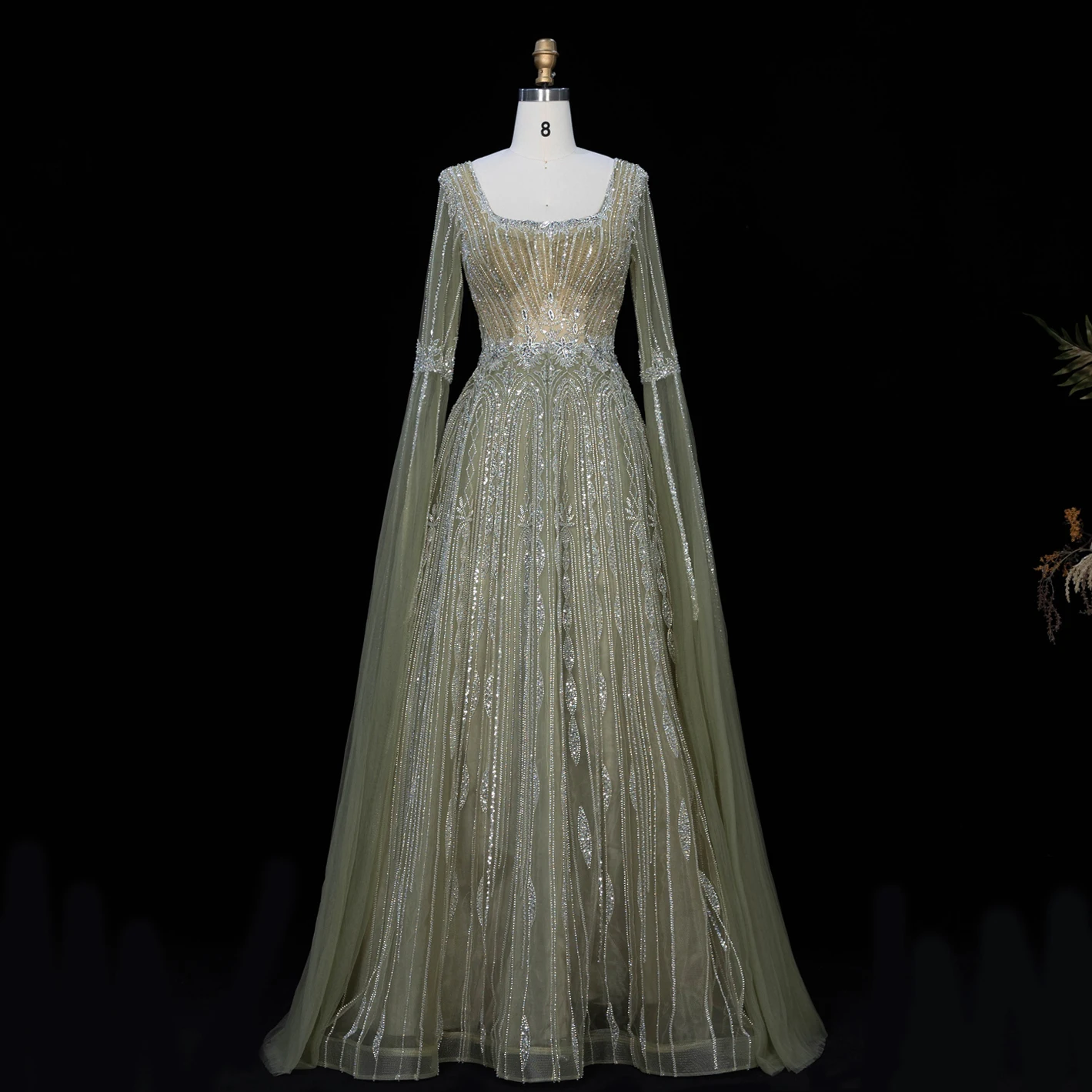 Sharon Said Luxuriöses Braunes Abendkleid mit Quadratischem Ausschnitt, Langen Glockenärmeln, Schwer Perlenbestickt, Dubai Formelle Partykleider SS065 Maßanfertigung – Detail 18