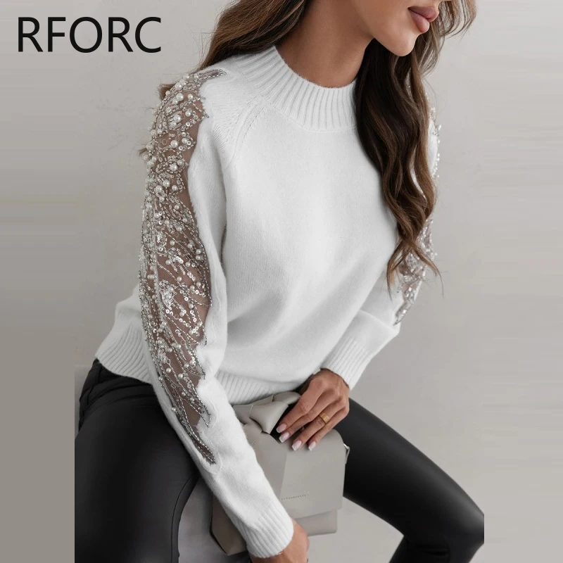 2023 Women Solid Hook Flower Hollow Sequins Patch Long Sleeves Knitting Pullovers Tops