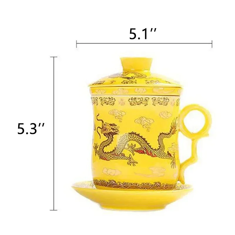 4pcs kit of Chinese Dragon Pattern Tea-Mug with Strainer Infuser and Lid and Saucer Ceramic Tea Mug   Porcelain Personal Tea Cup