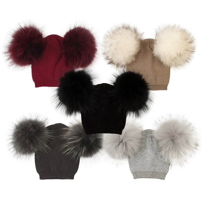 

Thick Warm Winter Hats Women Outdoor Knitted Beanie Double Natural Raccoon Fur Pompom Hat For Ladies Crochet Slouch Bonnets