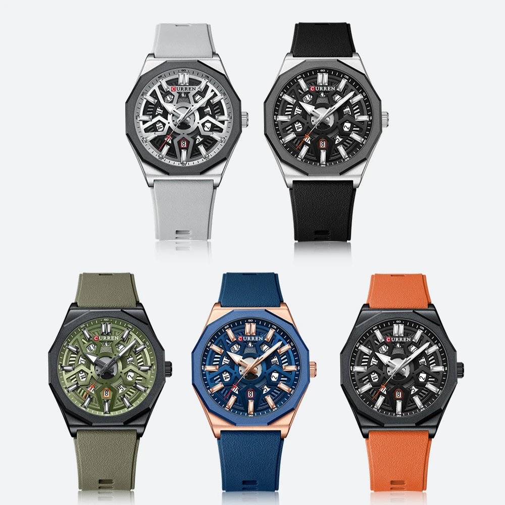 CURREN 8437 Unisex Minimalist Quartz Watch Polygonal Skeleton Sports Waterproof Silicone-Strap Wristwatch view 6