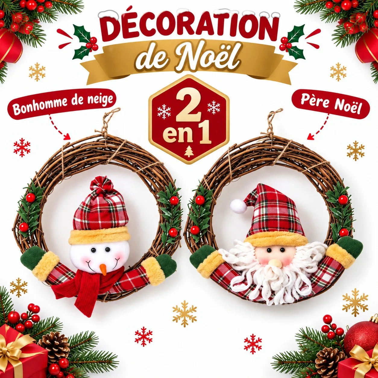 Lot de 2 Couronnes de Noël en Rotin Naturel avec Bonhomme de Neige et Père Noël, Décoration Murale Festive 33x34cm pour Porte, Cheminée et Vitrine, Style Rustique en Bois et Tissu