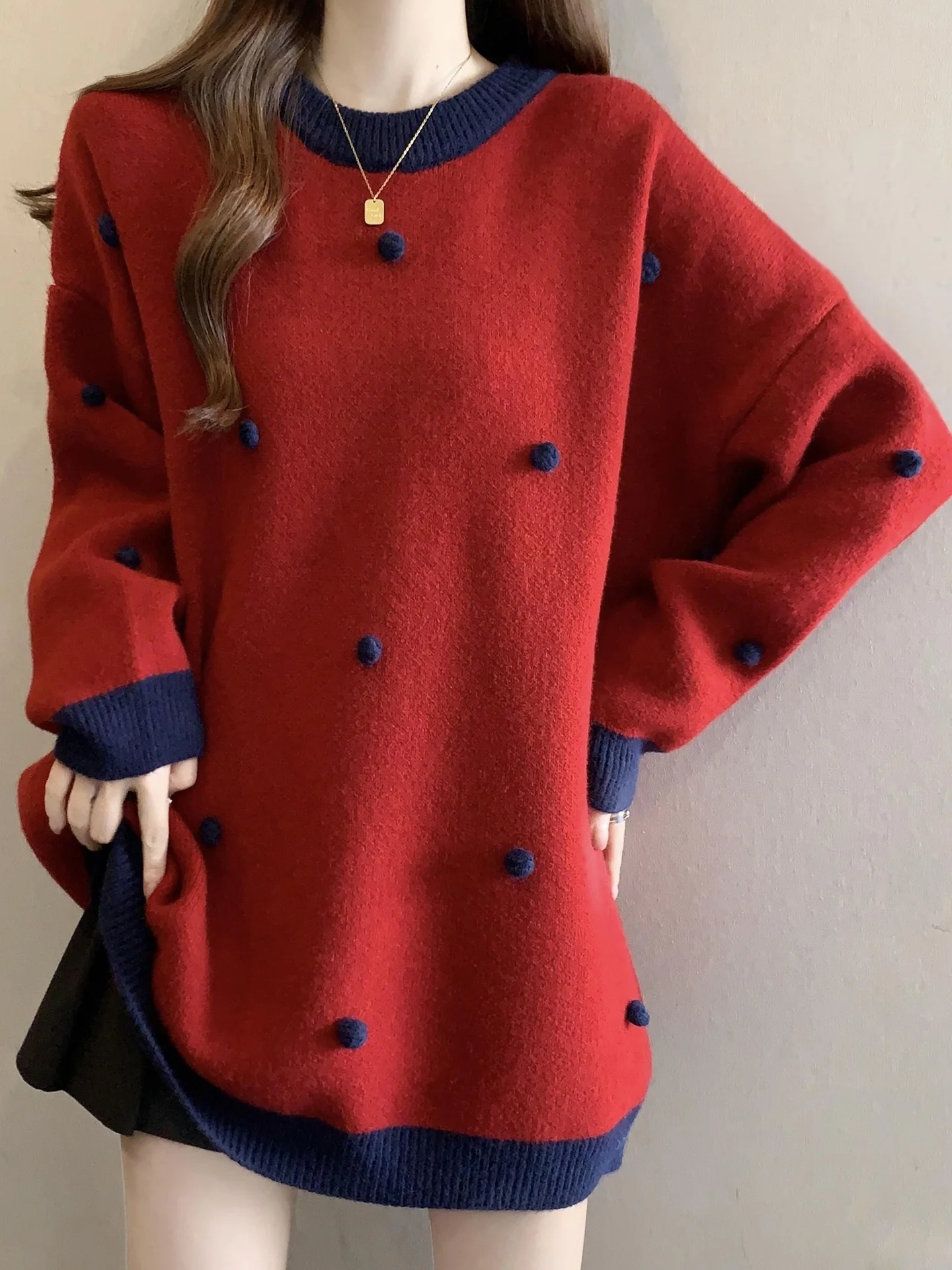 

Loose Large Version Red Color Sweater Women's Autumn Winter Knitted Top Middle Length Commute Sle Long Sve round Ne