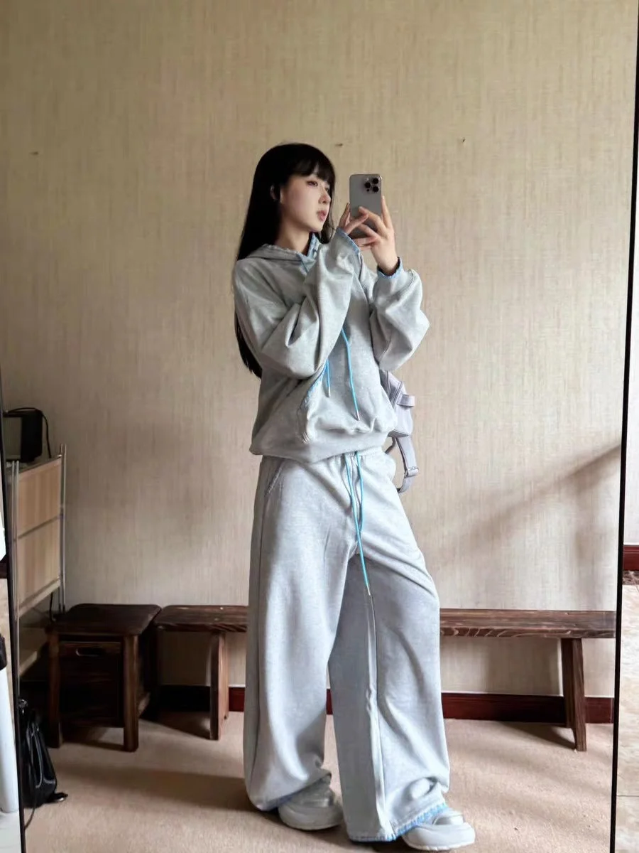 

Американский ретро-спортивный костюм для женщин: свободный, стройнящий, модный свитшот и брюки, комплект из двух предметов, весна-осень, новинка